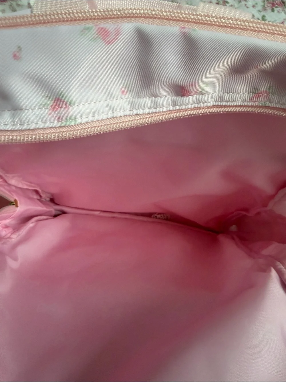 LoveShackFancy Pink Floral Quilted Backpack with Gold Accent Tag
